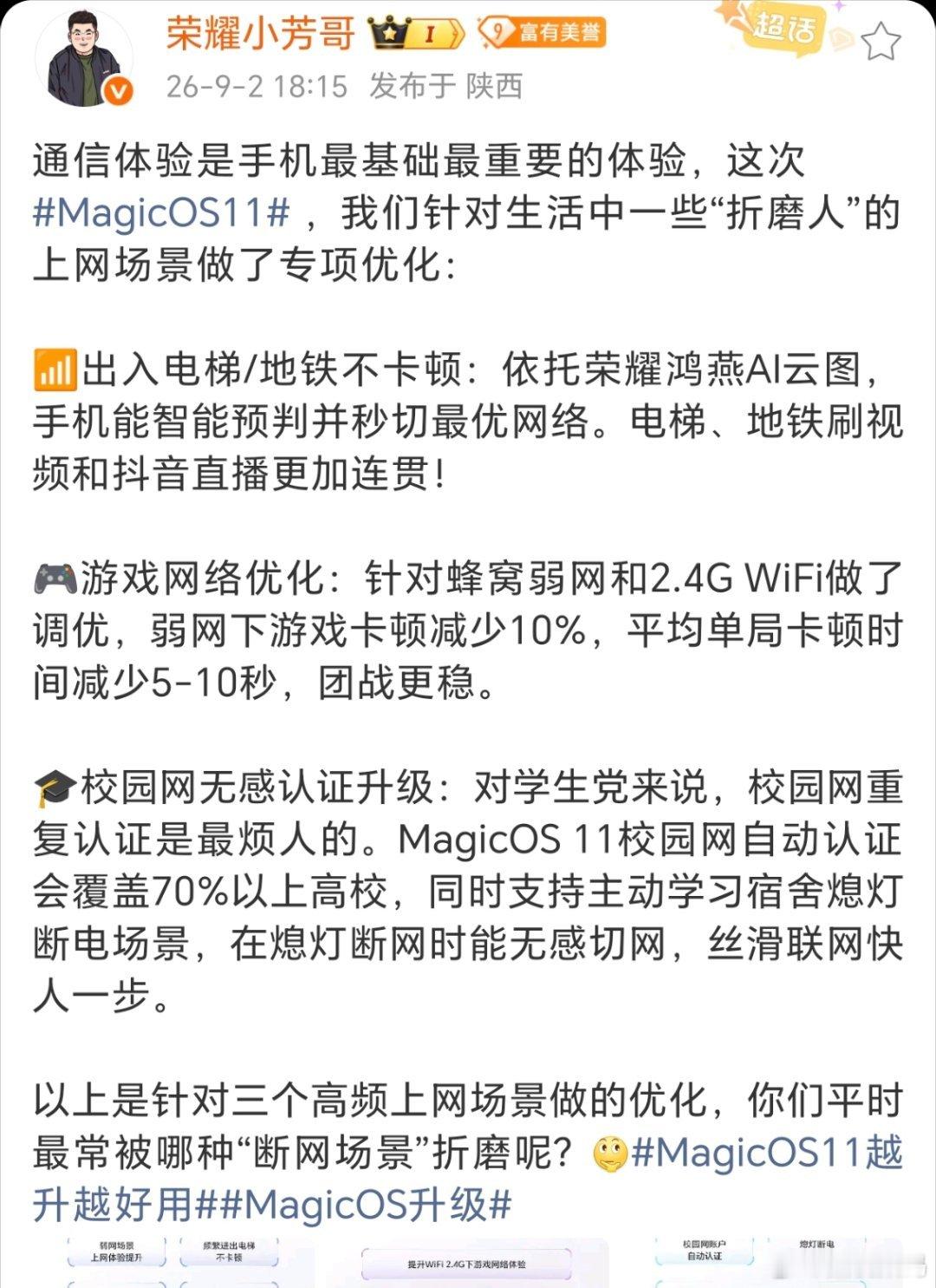 这次#MagicOS11# 系统对通信体验做了进一步优化，依托荣耀鸿燕AI云图，在电梯、地铁内、地下停车场等信号弱的地方，信号增强。
在游戏网络和校园网认证也进行了升级。

说说我最直观的感受，我妈用的荣耀X70，系统是Magic OS10，坐电梯的时候，我可以流畅刷抖音，但是她会卡顿，导致她已经迫不及待想升 ​