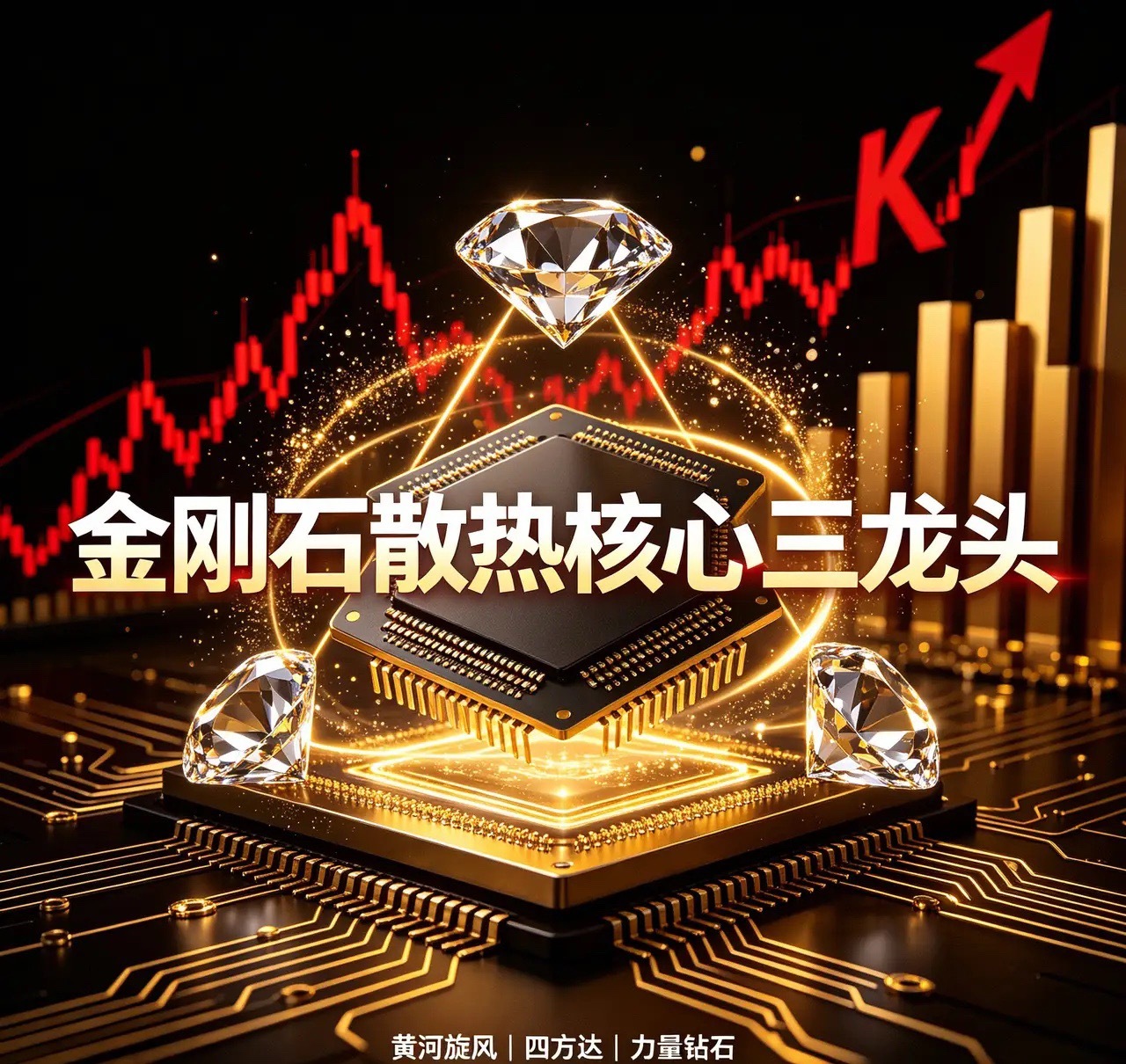金刚石散热核心三龙头
 
1. 黄河旋风（600172）——8英寸热沉片量产龙头
国内唯一同时掌握HPHT、MPCVD双技术路线的企业，建成国内首条8英寸金刚石热沉片量产线，2026年2月投产，一期年产2万片、良率85%以上，热导率达2000–2200 W/m·K。产品已通过英伟达、华为认证，2026年计划扩至5万片/年，直接卡位A ​