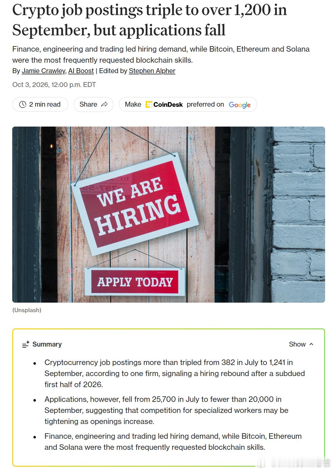 牛回来了，但是Web3.0开始缺人了？

CryptoJobsList 的数据显示，9 月Web3.0职位超 1,241 个，是 7 月的三倍多，招人的公司也涨到 125 家；
可投简历的人 9 月不到 2 万，比 7 月还少了两成多。

最缺的是财务，然后是工程和交易，稳定币、AI、安全、合规都在前十。

老板们在为下一牛市准备人手，打工 ​