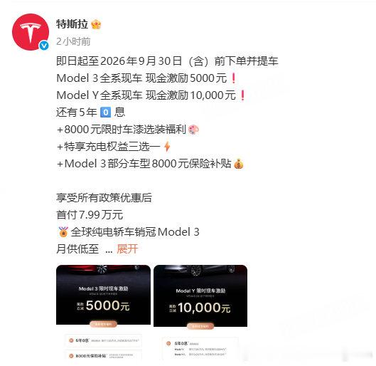 等等党终于等到了！[点赞]特斯拉时隔一年半终于降价了——Model 3降5000，Model Y降10000，月供也同步下调。Model 3首付79900，月供2377；Model Y首付79900，月供2894。这次是真降了，准备入手的可以冲了！#特斯拉降价##特斯拉Model3及ModelY降价# ​