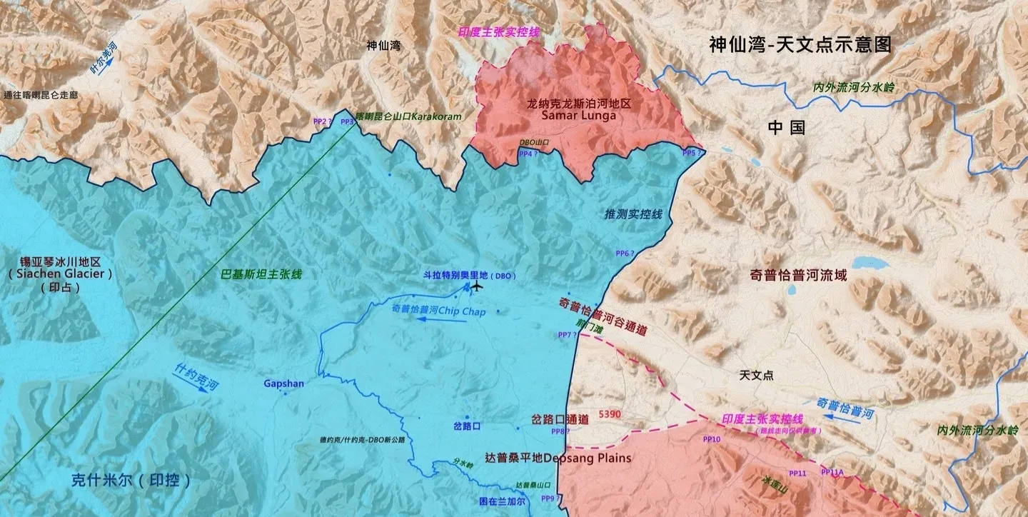 中国实控（中印边境）龙纳克龙斯泊河（Lungnak Lungpa，印方上游段称Samar Lunga）
属于中印边境西段，阿克赛钦天文点西北方向的高寒河谷，神仙湾哨所东南约20公里，是奇普恰普河水系的一条支流，主权属于中国。
一、地理概况
地形：高海拔冰川融水河谷，平均海拔极高，气候严寒、干旱，属于