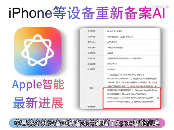 苹果国行版Apple智能终于有新动静了！上个月29号，苹果重新备案了多款设备并新增了Apple智能信