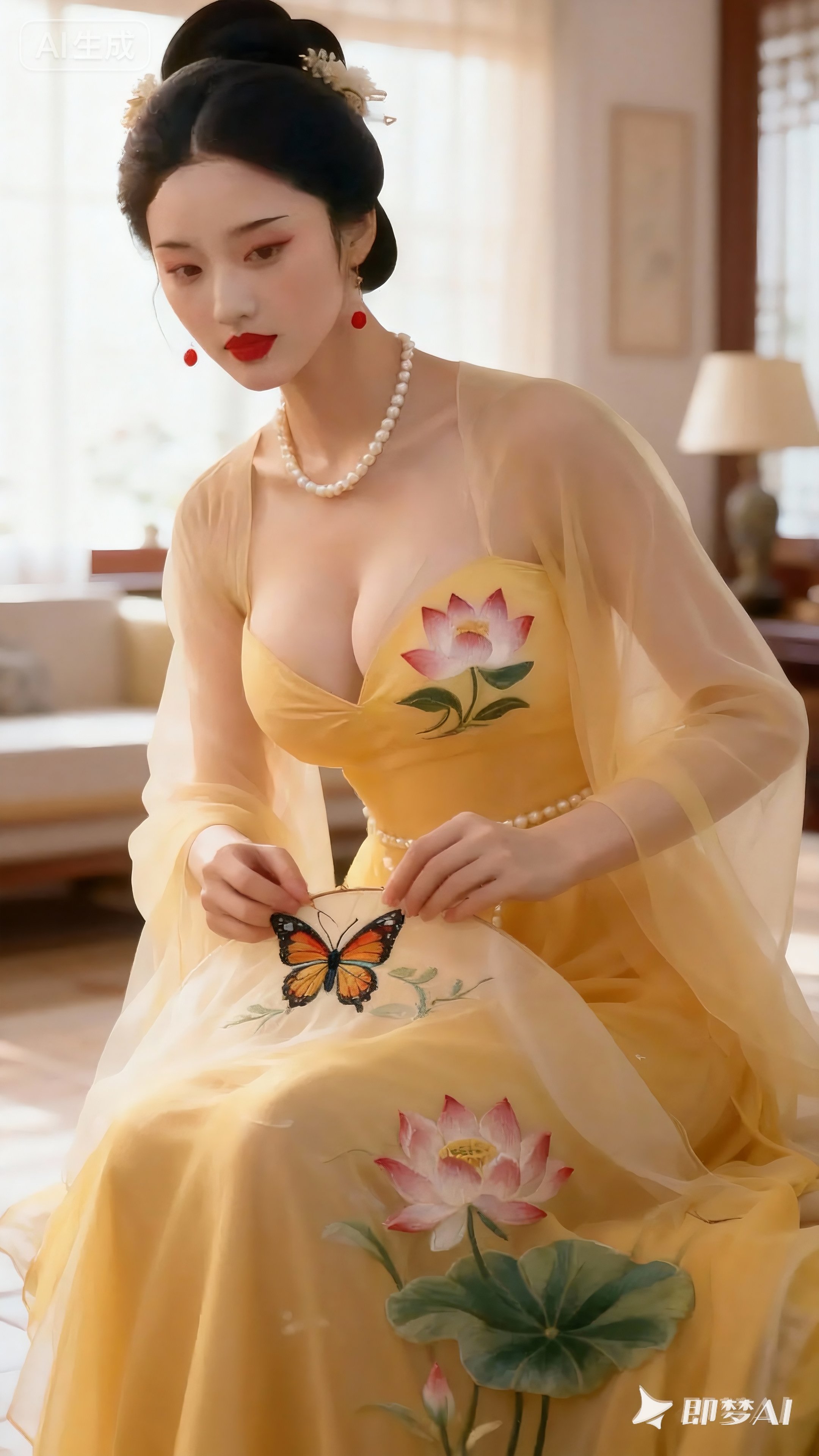 一位美女穿着黄色旗袍，优雅端庄。