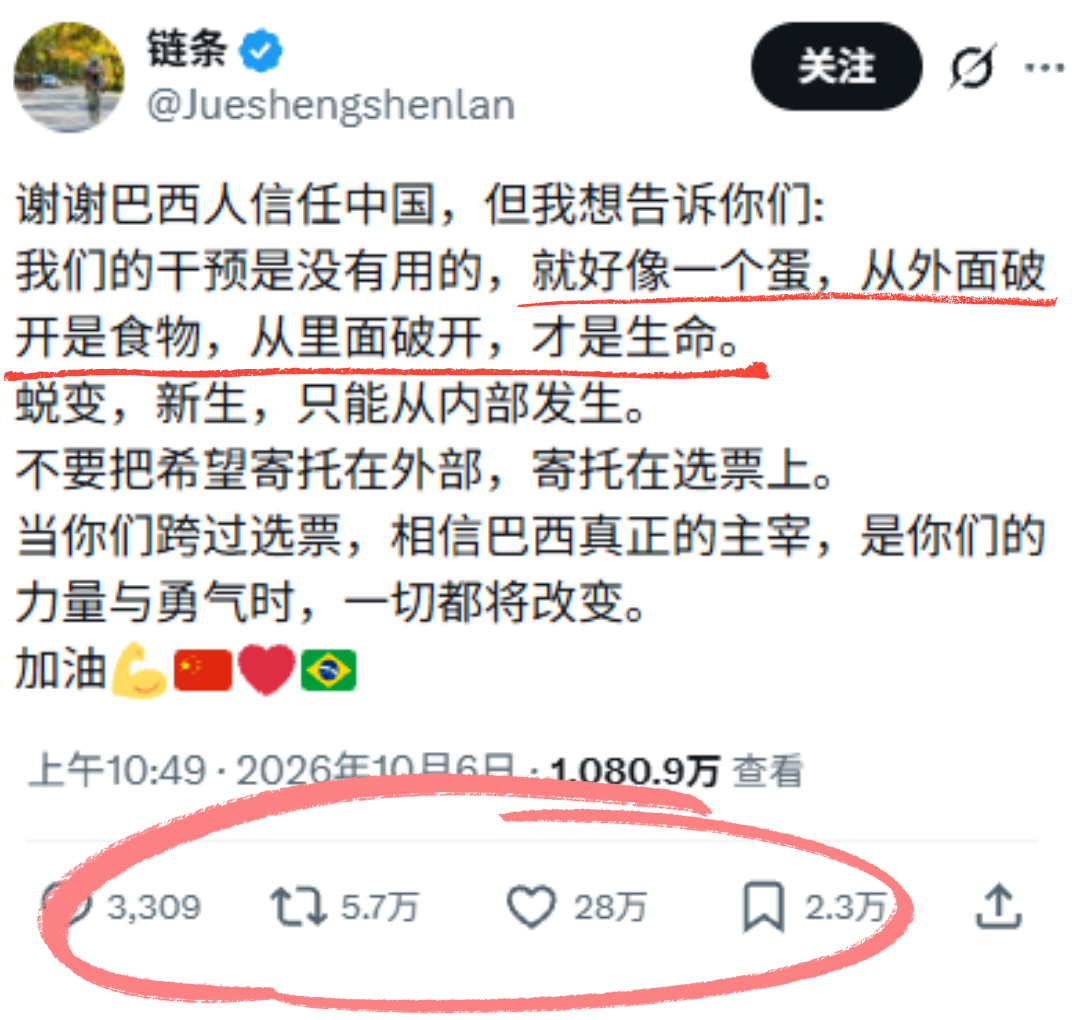 中国人的“鸡蛋”寓言，在巴西社交媒体疯传
10.6，有巴西人“希望中国干预”，
中国网友的回复太“艺术”，
当时就在X上爆了。
昨日，10.26，
巴西选举，卢拉逆转获胜。
巴西网友纷纷来打卡。
鸡蛋堪称寓言故事了......