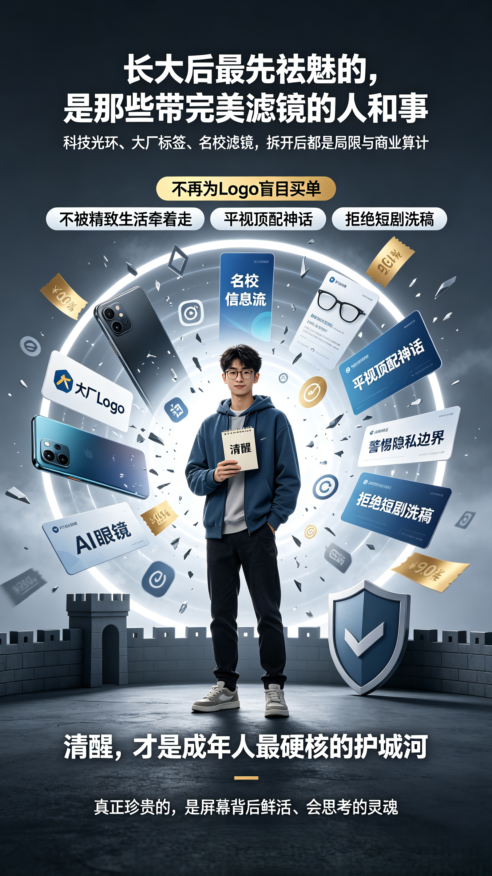 长大后最先祛魅的，往往是那些曾被我们加上完美滤镜的人与事。 
 
以前总觉得“顶级配置”能解决一切焦虑，现在看着iPhone 18那套蓄谋已久的定价策略，发现所谓的科技光环背后全是商业算计。就像我们曾经迷信的那些大厂光环、名校标签，真进了那个圈子才发现，大家也不过是在各自的局限里打转。 
 
祛 ​