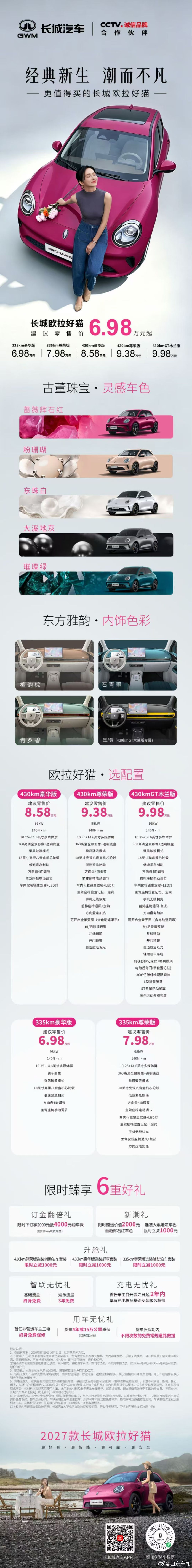 经典新生，潮而不凡！2027款长城欧拉好猫正式上市！
全球品质，焕新登场。
更好看、更可靠、更安全、更智能，6.98万元起！
和2027款长城欧拉好猫一起，共赴每一程美好！
#经典新生潮而不凡#2027款长城欧拉好猫上市#更值得买的长城欧拉好猫 ​