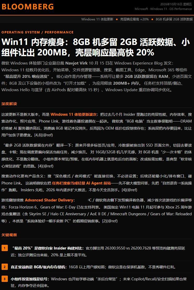 新华邮讯 作者 | 何波 记者 | 罗伊
10月16日 新华邮讯今日新闻综合报

一、微软优化 Win11 内存管理：响应速度最高提升 20%

微软公布 Windows 11 最新优化进展，涉及内存管理、系统响应速度及日常体验。官方表示，部分操作响应速度最高提升 20%，8GB 内存电脑将明显受益