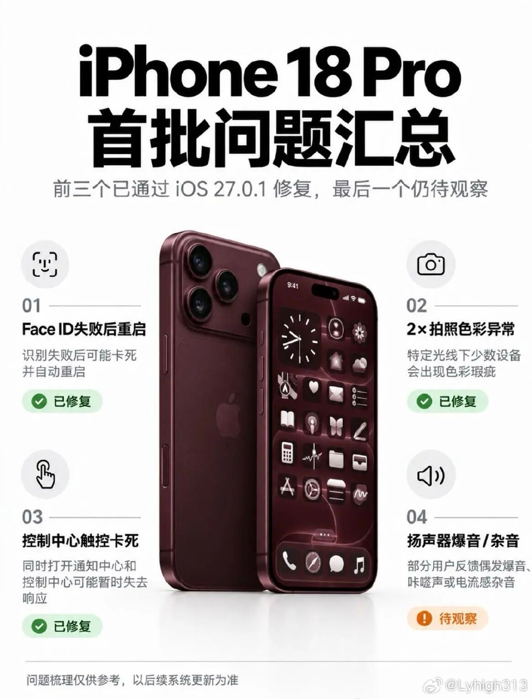 #黄西炮[超话]#  iPhone18 Pro首批问题汇总，你遇到了吗？新机到手，问题也跟着来。发热、掉帧、信号、续航、拍照，哪个最闹心？
遇到啥问题，评论区说说，帮后面的人避避坑。 ​