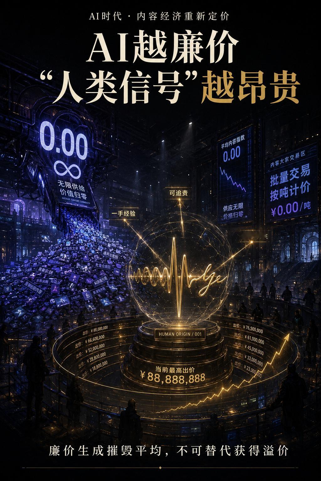 有人说，AI时代，廉价生成能力会摧毁“平均水平的内容生产”，同时抬高“不可替代的人类信号”的溢价。Claude对此解读：

2026年确实已经有相当具体的数据在验证这个机制,值得展开讲讲它背后的经济学逻辑,以及这套论证里比较薄弱、需要打问号的地方。

先把这句话翻译成经济学语言:这本质上是一个"柠檬 ​