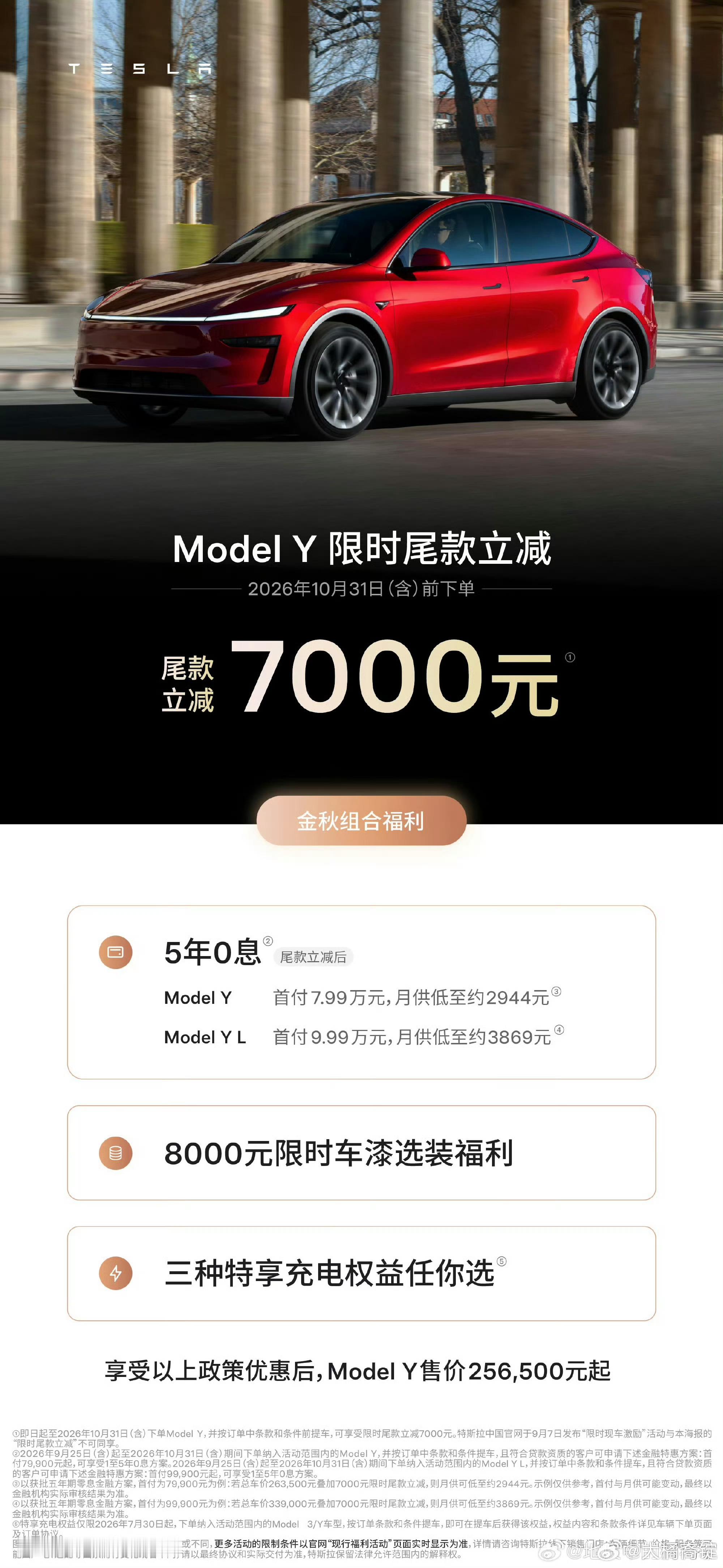 #特斯拉Model3Y中秋降价#

特斯拉在2026年中秋节当天（9月25日）再次宣布“变相降价”，这是其9月内的第二次促销，核心是通过尾款减免叠加金融方案来降低购车门槛。

📉 本次中秋促销核心内容

活动有效期至2026年10月31日，覆盖中秋与国庆双节。

· 尾款立减：Model 3 全系尾款立减 5,000元；Model  ​