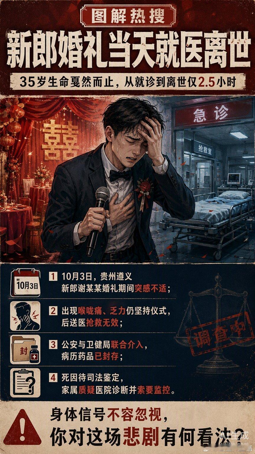 贵州遵义桐梓县一名35岁新郎婚礼当天就医后不幸离世，从就诊到宣告死亡仅约两个半小时，目前公安部门与卫健局已联合介入调查。  一、核心事实与时间线- 事发经过：10月3日，35岁的谢某某在举办婚礼时突感