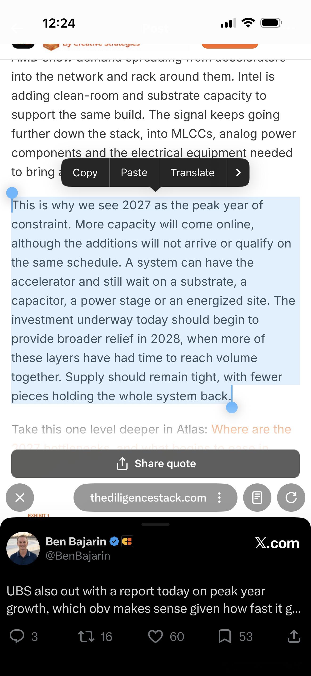 AI基础设施市场将在2027年迎来最严峻的供需瓶颈（“瓶颈峰值年”）。2026年启动的产能投资要到2028年才能实现全年满产和成熟良率，因此2027年将出现显而易见的增长上限，随后在2028至2030年间迎来算力部署的重新加速。

核心驱动因素
 
瓶颈向供应链深层转移： 限制因素已从核心AI加速器（GPU）蔓延至 ​