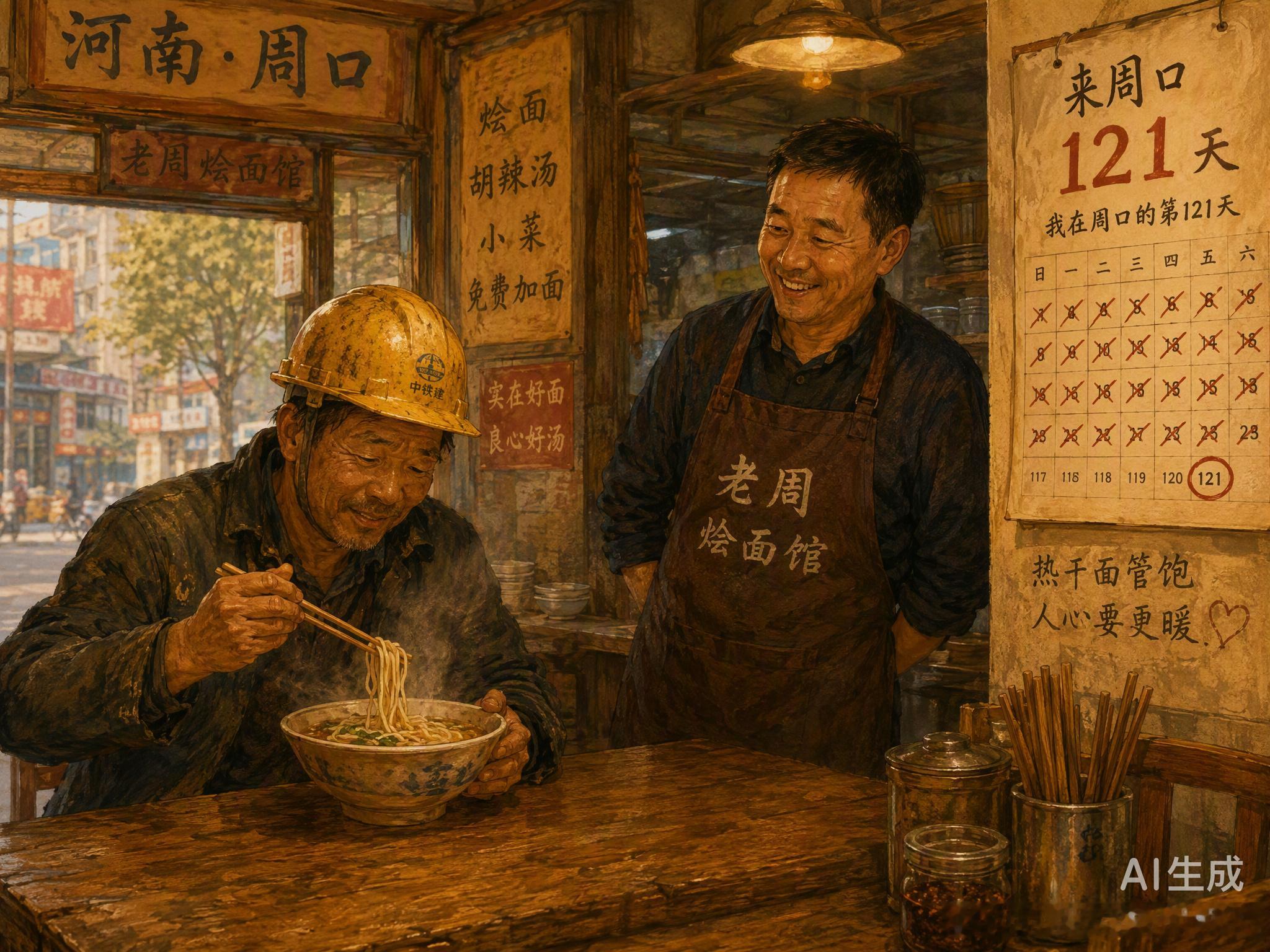 河南周口这位工地大哥，用最笨拙也最硬核的方式，给“信用”二字上了一课。

因为包工头欠薪，他身无分文走进面馆赊了一碗面。第二天还钱时，他没选择转身离开，而是开启了长达121天的“定点消费”。每天两顿，风雨无阻，老板劝他换换口味，他只回一句：“在哪吃都是吃，钱给谁赚都是赚。”

这哪里是 ​