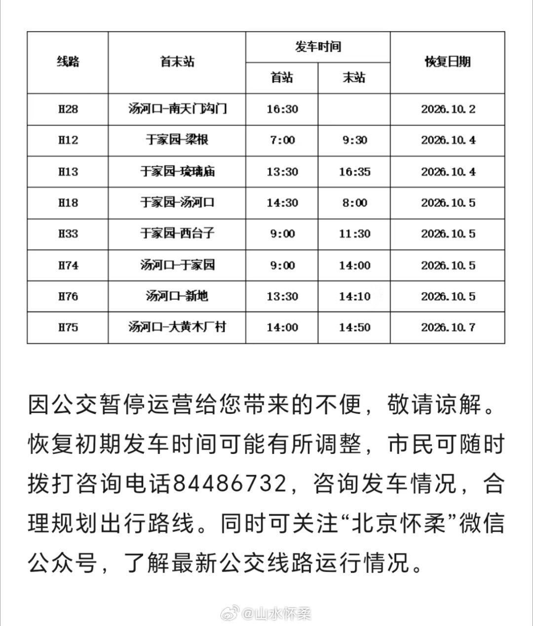 #小柔提醒# 【10月2日起，怀柔区8条公交线路逐步恢复运营——】前期，受部分道路施工影响，怀柔区部分公交线路采取临时停运调整措施。为进一步满足我区居民日常出行需求，经现场勘测、安全评估，计划自10月2日起逐步对以下8条公交线路恢复运营↓↓（via.怀柔区交通局）#北京城市服务台# ​