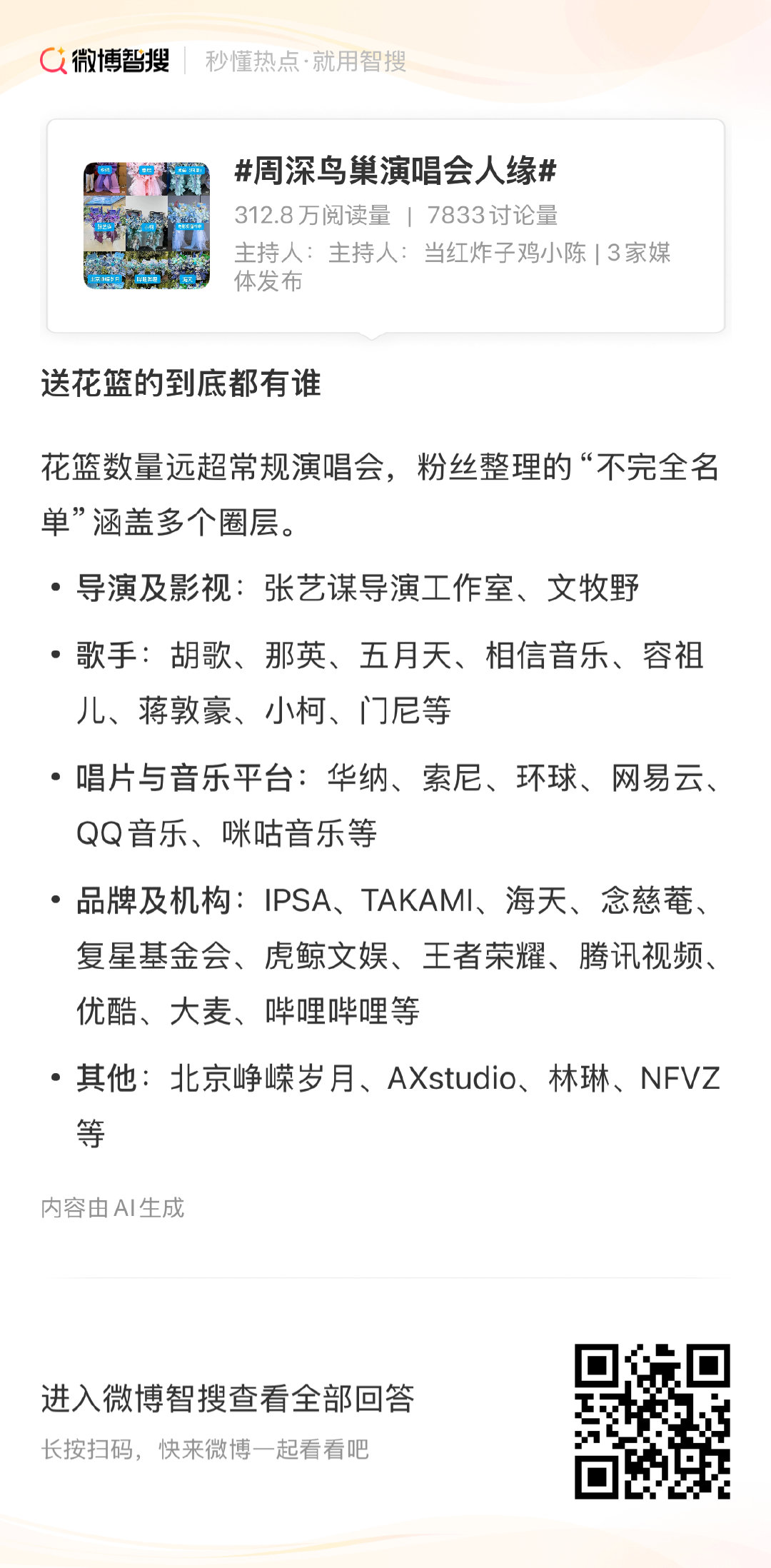 #周深鸟巢演唱会人缘#
周深2026鸟巢演唱会今晚正式开唱，场外花篮从张艺谋、胡歌到各大平台几乎摆满通道，被网友称为“内娱顶级人缘见证”。 ​