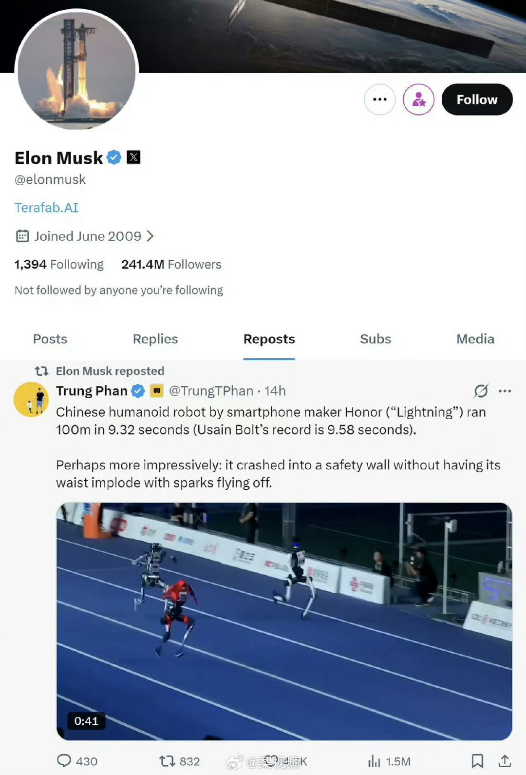 马斯克转了个中国机器人百米赛跑的视频，9秒32，比博尔特还快。从半马冠军到百米破纪录，中国机器人这是要在田径场上挨个挑战人类极限啊。能让马斯克这种天天盯着火箭和电动车的人专门停下来转发，说明这事儿确实有东西。他转的不只是个成绩，是背后一整套工程能力的体现。#马斯克发文点赞中国机器人# ​