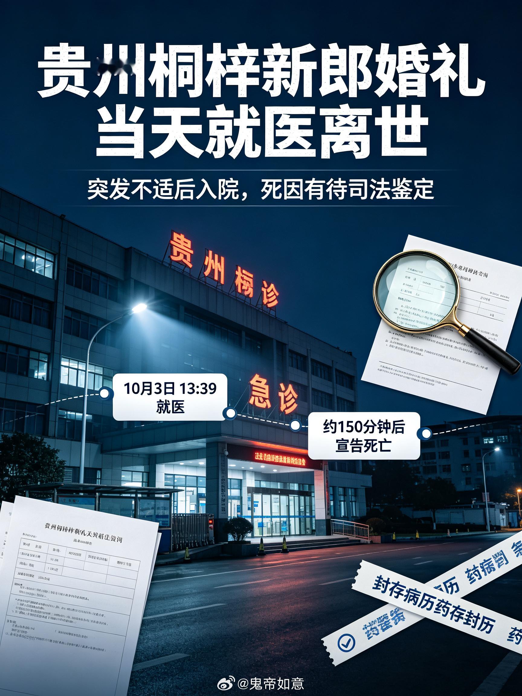 #新郎婚礼当天去医院看病后离世#【多种病因仅为医学猜想，静待司法鉴定，真相不能靠推测】
目前网上有几种医学层面的推测，但全部都只是猜测，最终死因必须等司法鉴定报告。
 
1. 暴发性心肌炎（最多网友推测）：前期喉咙痛、乏力、呕吐，多为病毒感染前驱症状。婚礼连日劳累、情绪波动透支身体，病毒 ​