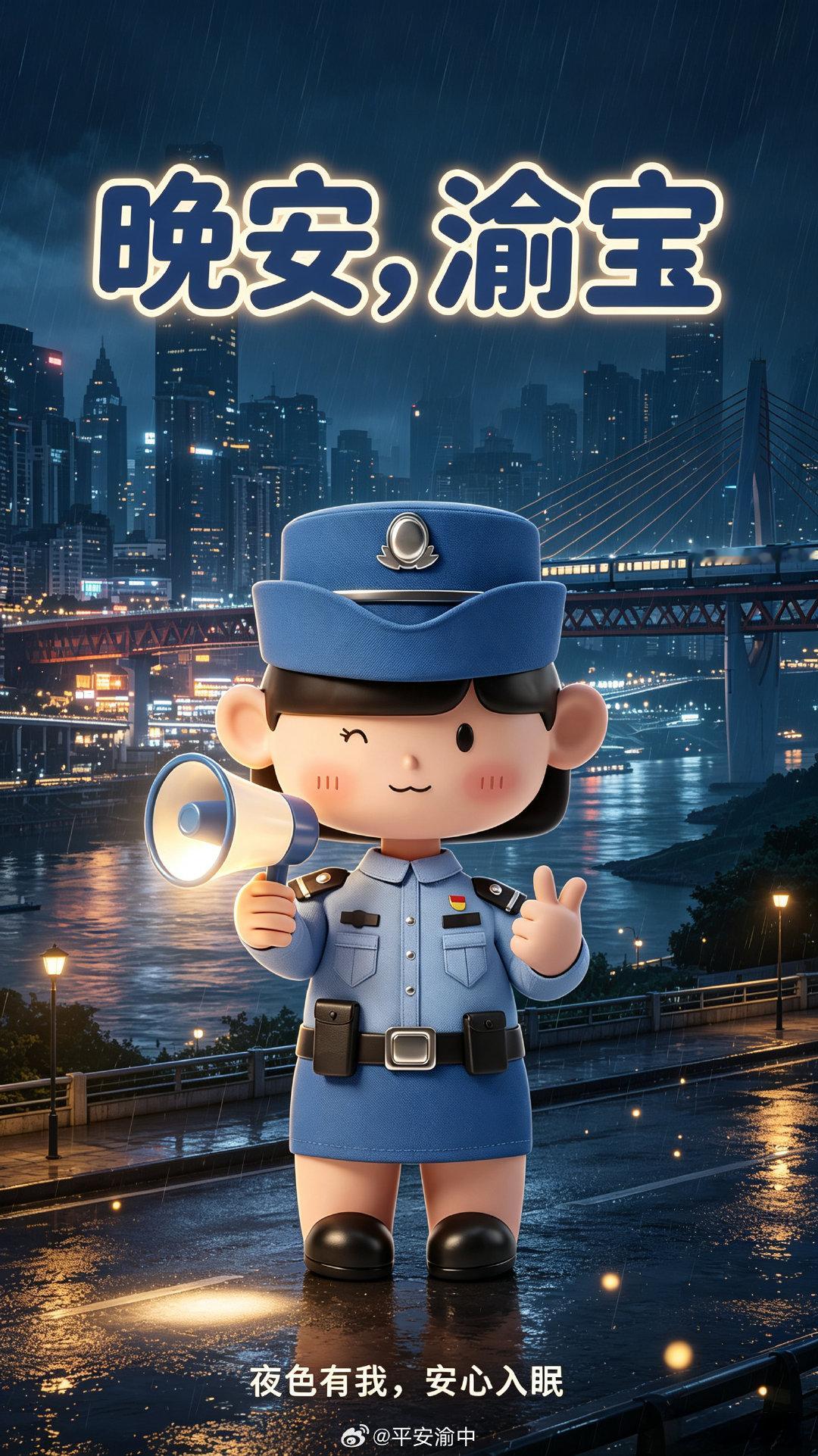#晚安# 夜深了，国庆假期的热闹还在继续，渝中公安民警辅警也在岗位上继续巡逻。记得关好门窗、返程别疲劳驾驶，手机里的陌生链接别乱点。你安心休息，我们继续守夜！#守护渝宝每一天##晚安[超话]# ​