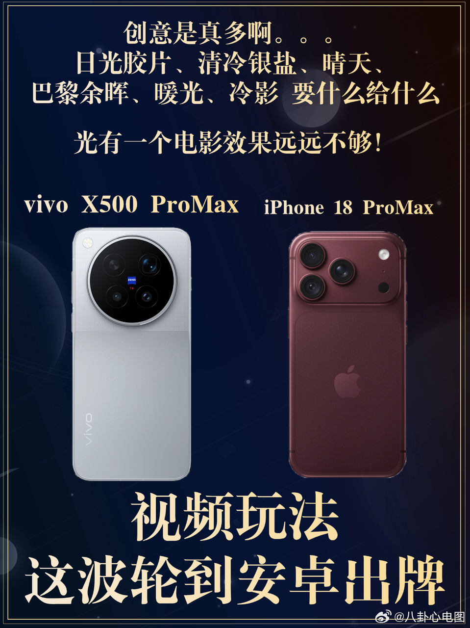 视频玩法，安卓出了好牌[达咩]
新机潮大更新，各家都紧张了不少，都盯着谁先谁后，生怕吃了亏，
苹果倒是没这个忧虑，iPhone 18 Pro Max 已经登场做表率，而安卓阵营里最先出牌的是 vivo X500 Pro Max
还是老样子，规格决定上限，玩法决定你愿不愿意天天拿起来拍。
盘一盘iPhone 18 ProMax和vivo X500  ​