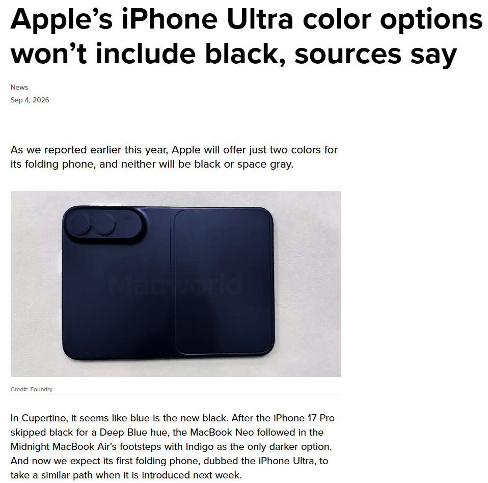 #iPhone18Pro 17Pro#
18Pro系列的信息已经相当明朗了，但苹果折叠屏那边又出幺蛾子了[允悲][允悲]
折叠屏iPhone正式名称可能不叫iPhone Ultra，而是iPhone Duo。“Duo”指的就是双屏，而iPhone Ultra最早来自古尔曼援引苹果员工的内部叫法。
首发颜色包括银色/白色（silver）和深蓝色（dark blue），没 ​