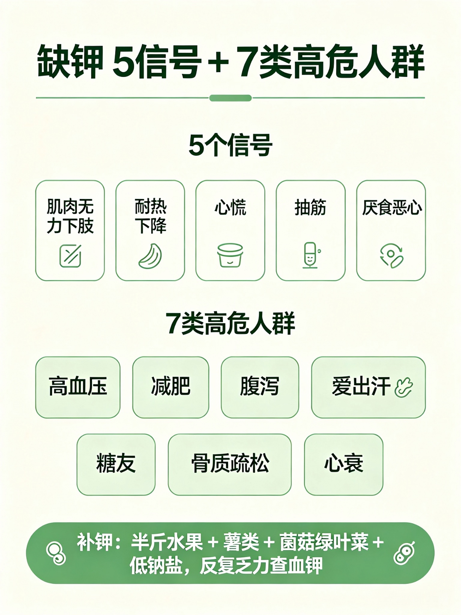 【#缺钾有 5 个典型信号#】#干饭莹生前反复低钾住院# 

钾流失过多会诱发低钾血症，严重时甚至导致心脏骤停。
身体缺钾并非无迹可寻，5 个信号务必留意👇

1️⃣ 缺钾的 5 个典型信号
・肌肉无力，尤其下肢 —— 这是最早期的症状；
・耐热能力下降；
・心慌、心脏不适、心跳乱；
・抽筋，尤其是下肢 ​