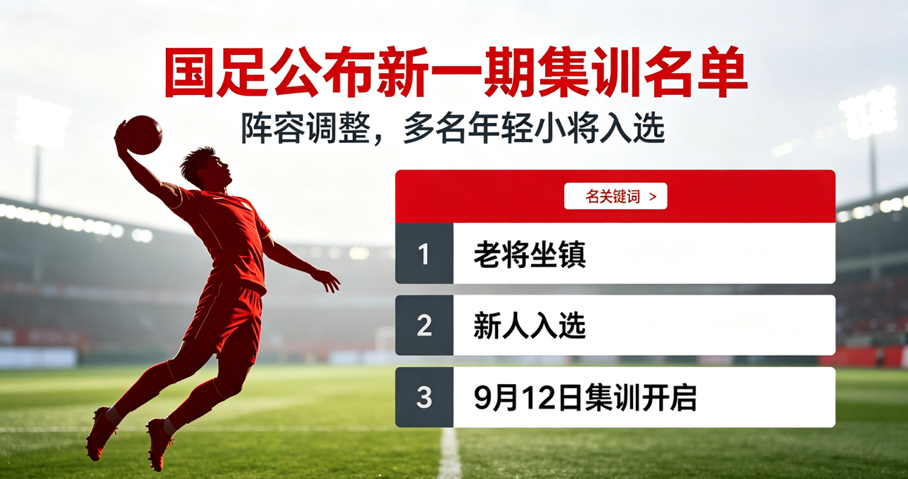 新老交替！国足新一期集训名单公布，多名年轻小将入选

中国足协公布男足新一期集训名单，阵容迎来调整。

本次名单兼顾老将与新人，韦世豪等熟悉面孔继续坐镇，多名05后小将首次入选国家队集训，为队伍注入新鲜血液。

受亚运队抽调影响，阵容近半数人员更迭。球队将于9月12日开启集训，在武汉、重庆备战4场热