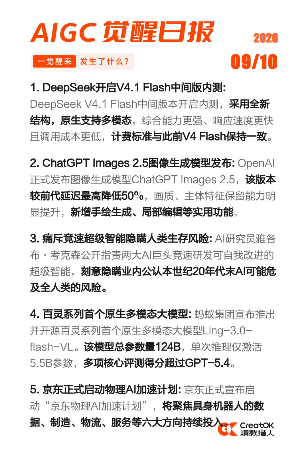 AIGC 觉醒日报 2026-09-09

1)DeepSeek V4.1 Flash开启内测
2)小米MiMo桌面AI开放邀测
3)字节预推实时空间视频生成AI模型
4)GPT-6 Astra 3D创作玩法全网爆火
5)DeepSeek两月内二度扩招150名 ​