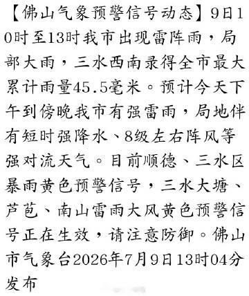 【佛山气象预警信号动态】9日10时至13时我市出现雷阵雨，局部大雨，三...