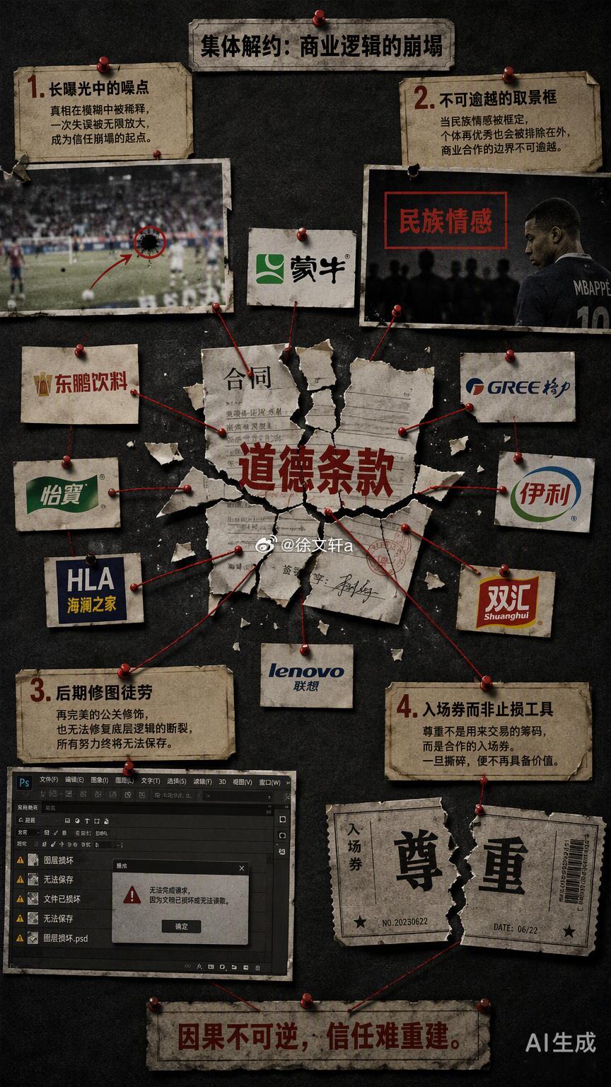 有些底线不能触碰。

姆巴佩这次涉华不当言论，像是一次在商业“长曝光”中突然闯入的致命噪点。

不到24小时，蒙牛、东鹏等品牌集体解约，央视停播、账号禁言，这套组合拳的响应速度远超任何公关预案。对于品牌方而言，面对触及底线的画面损伤，任何试图通过后期修图来挽救的努力都是徒劳。他们选择迅 ​