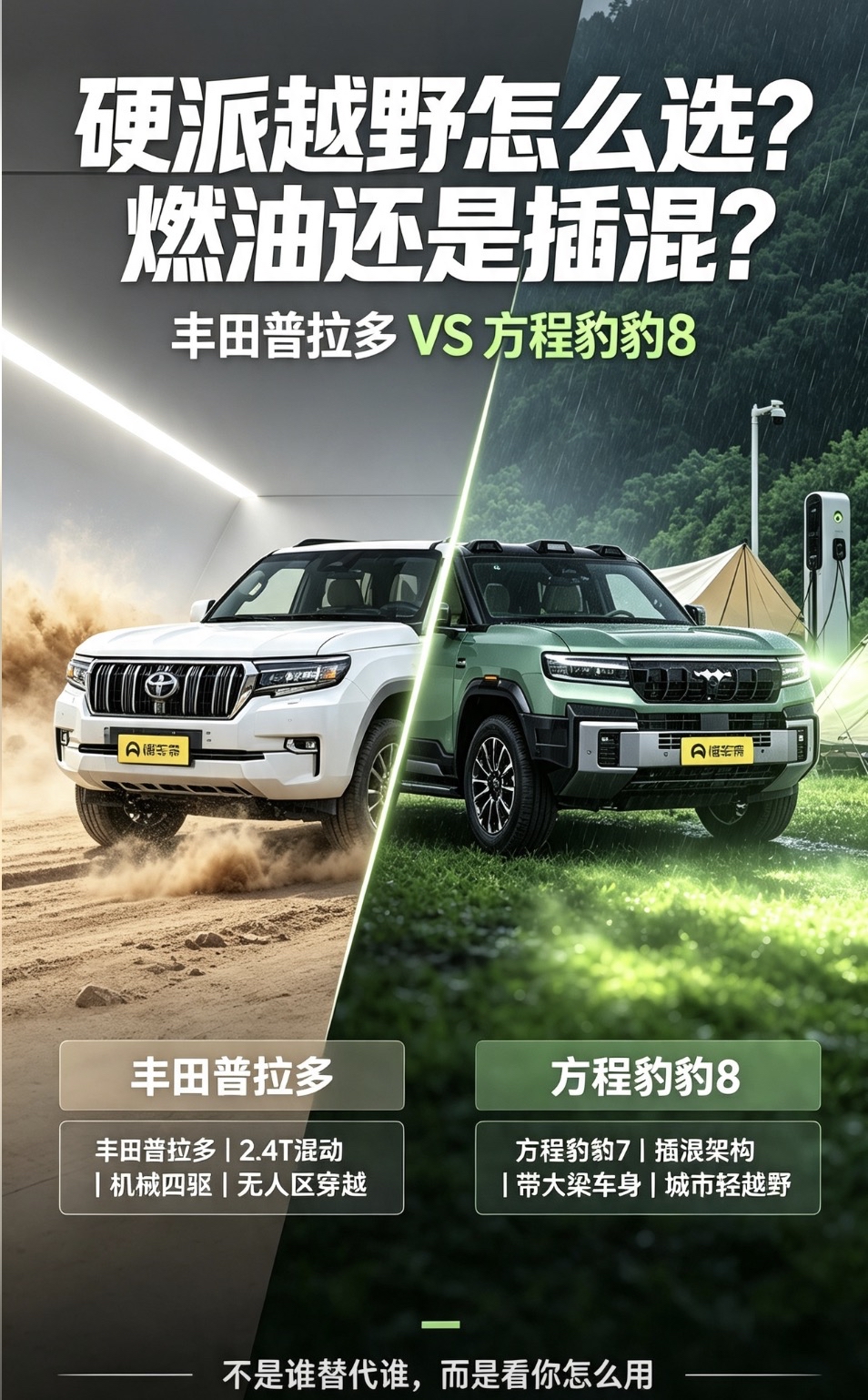 新能源硬派，真的能取代燃油硬派吗？
普拉多VS方程豹豹8：燃油硬派与混动越野，到底谁更适合越野？
硬派越野圈子一直存在激烈对峙：坚守机械信仰的老炮认准丰田普拉多，拥抱新技术的玩家看好方程豹豹8。两台车同样搭载非承载式车身，定位中大型硬派SUV，却代表两条截然不同的越野路线。抛开主观喜好，结合硬件参数