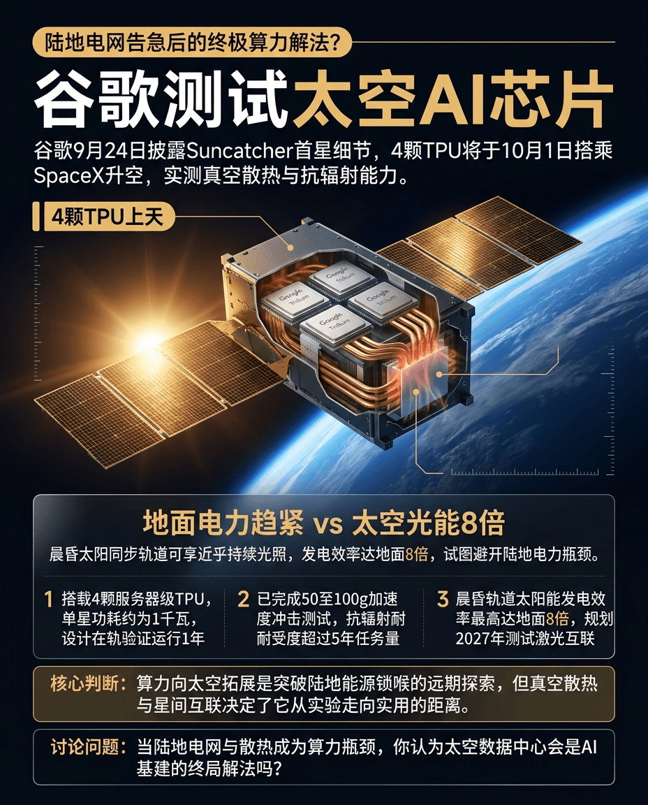 陆地电力承压，科技巨头把目光投向轨道：谷歌9月24日发布Project Suncatcher首星细节，定于10月1日通过SpaceX发射搭载4颗TPU芯片的MVP测试卫星，计划在轨运行1年。晨昏轨道太阳能发电效率最高达地面8倍，能有效规避地面电网瓶颈；但真空环境无法空气冷却，热管与辐射散热方案能否撑
