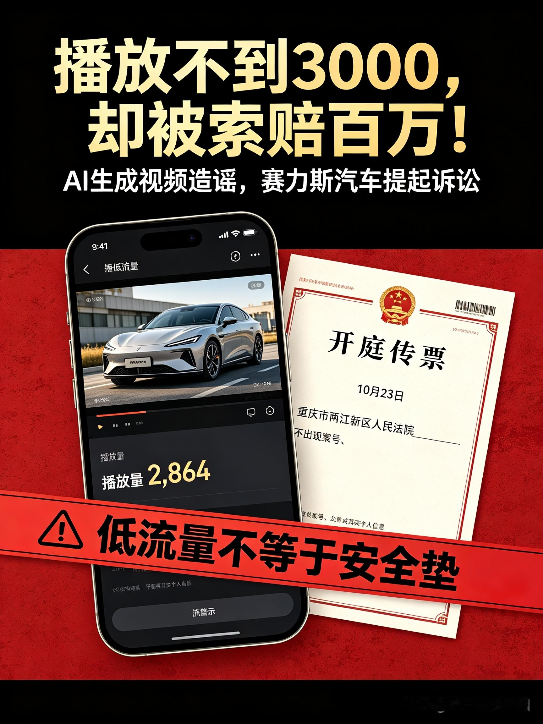播放才不到3000，却收到百万索赔传票！赛力斯起诉AI造谣视频
 
真别乱发了！别以为流量小就没事。
 
一条播放量还不足3000的短视频，
作者直接收到法院传票，对方索赔高达百万元。
 
这事是赛力斯汽车提起的诉讼，告的是AI生成视频造谣，
案子已经排期，10月23日在重庆两江新区人民法院开庭。