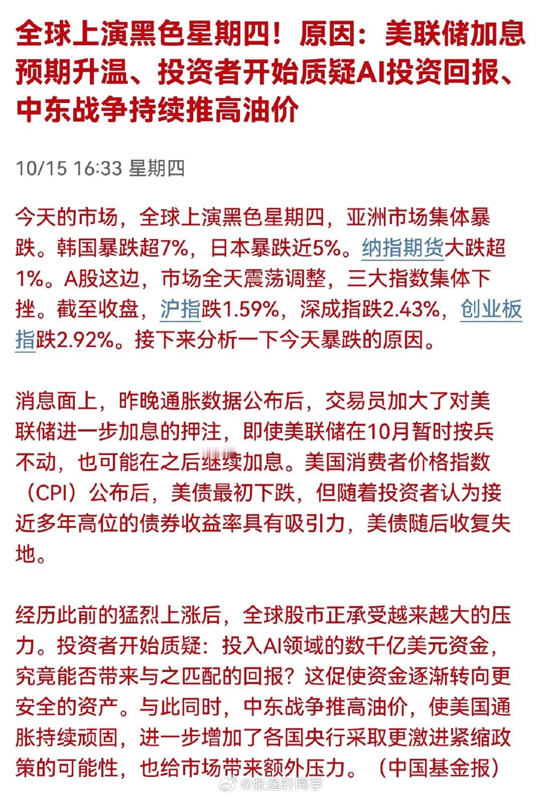 全球上演黑色星期四！原因：美联储加息预期升温、投资者开始质疑AI投资回报、中东战争持续推高油价… ​