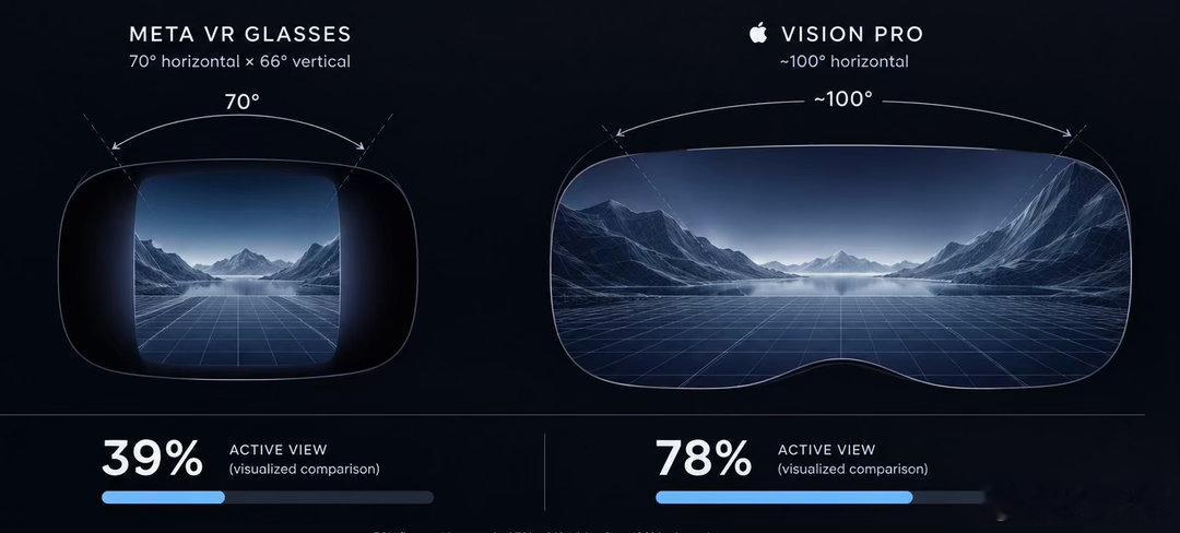 Meta VR 眼镜（70° x 66°）与 Apple Vision Pro（100° 视场角）进行比较，Vision Pro更具有沉浸感
#apple vision pro# ​