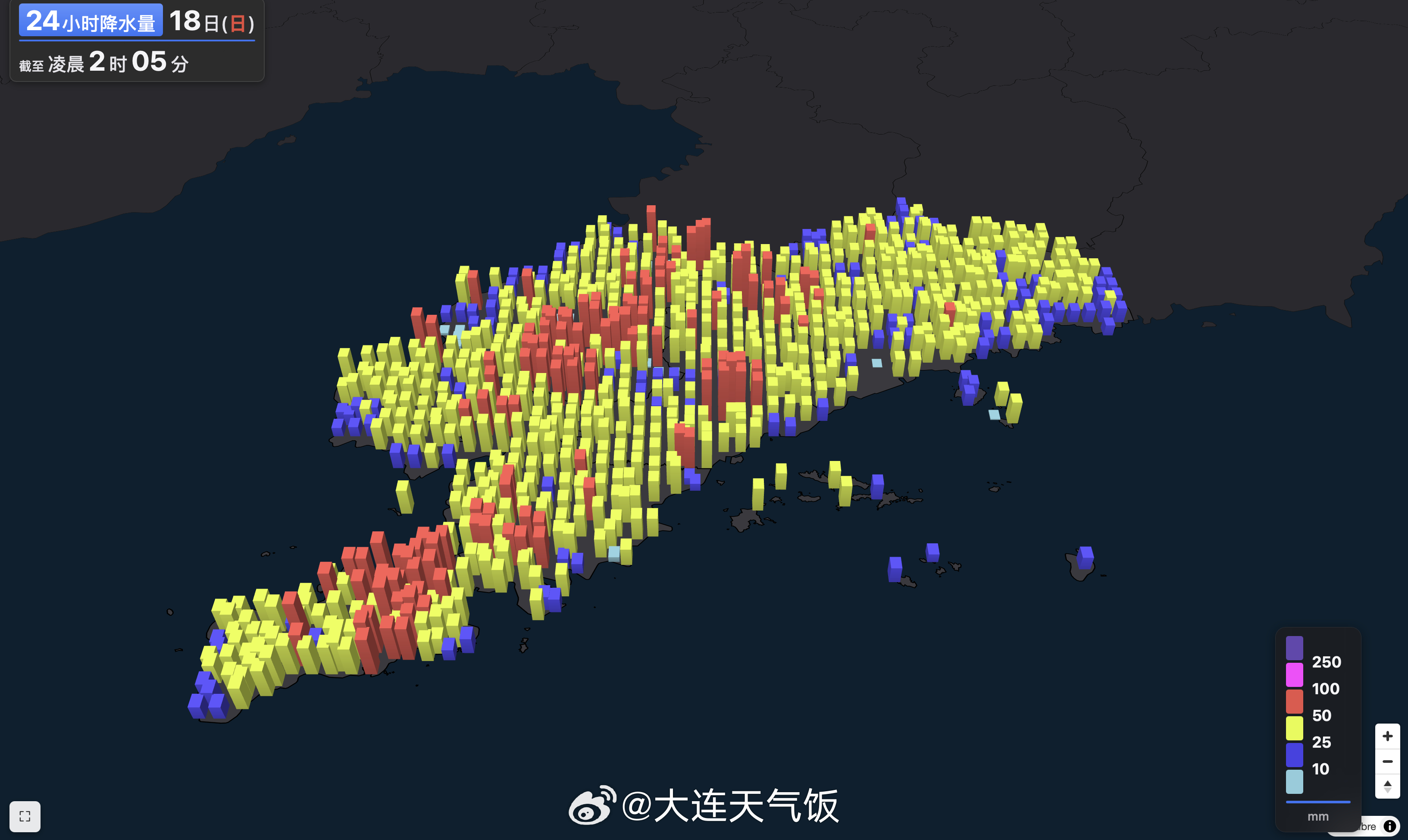 #大连生活##大连气象##大连天气##大连天气实况# 【雨情速递：全区普降大到暴雨】昨天傍晚开始，全区自西南向东北陆续出现强风雨天气，累计雨量达大到暴雨，是同期较为罕见的系统性风雨天气。截至凌晨2时，市区南山国家站过程累计降水量达42.5mm，接近暴雨量级，自动站中最大降水量出现在安波金店，为89 ​
