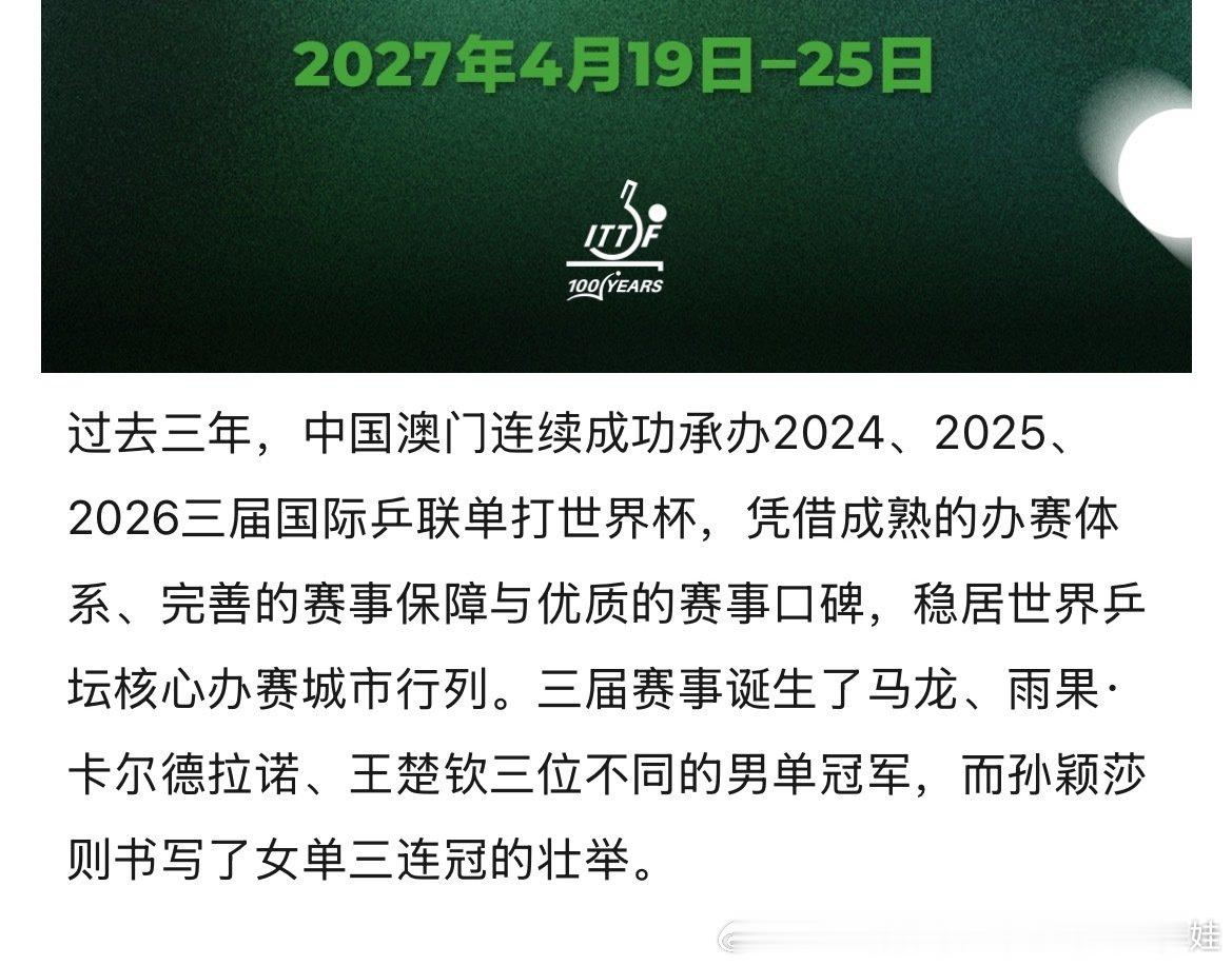 国际乒联公布2027年世界杯完整赛程，文中提到：三届赛事诞生了马龙、雨果·卡尔德拉诺、王楚钦三位不同的男单冠军，而孙颖莎则书写了女单三连冠的壮举。 
男单冠军轮流换，女单只有孙颖莎一个人的名字[加油] ​