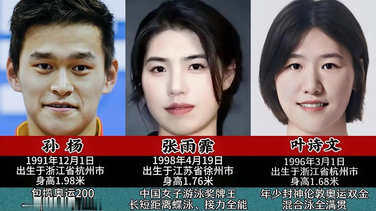 1991年出生的孙杨，
他来自于浙江杭州，他简直就是个天生的运动员，无论是他的身体素质还是身高体重都是极其完美的。
1998年出生的张雨霏，
她来自于江苏徐州，身高一米七六的她身姿矫健斩获过无数次金牌。