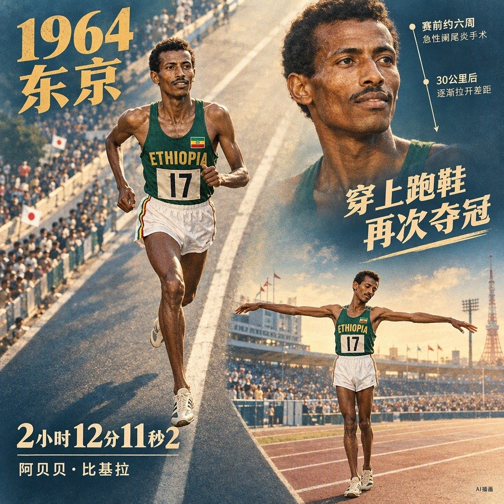 1960年罗马奥运会马拉松开跑前，阿贝贝·比基拉没有穿鞋。这个细节后来被讲得太传奇，以至于人们容易忘记：他并不是为了制造一个象征，而是没找到真正合脚的新跑鞋。

比基拉原本只是埃塞俄比亚代表队的替补，直到一名队友受伤，他才获得参赛机会。比赛前，队伍拿到赞助商提供的鞋，他试过后觉得不舒服 ​
