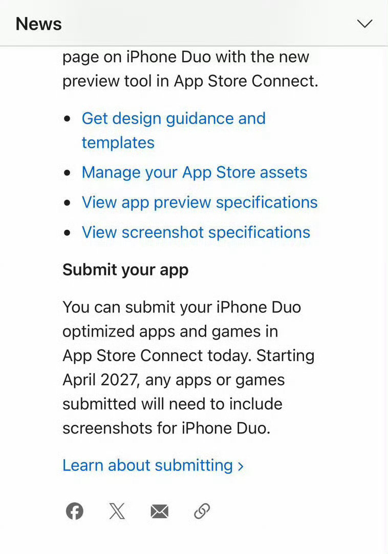 #iPhoneDuo 强制适配#
还得是苹果，一纸说明就能强制所有App在 27 年 4 月份前全部适配 iPhone Duo折叠屏。

换做安卓手机，战线得拉好多年[笑cry] ​