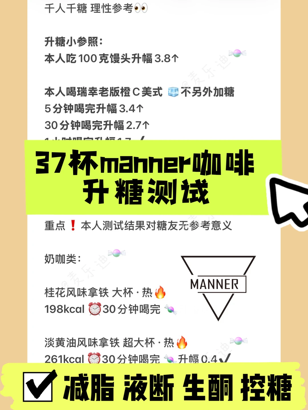 37杯manner咖啡升糖测试 | 附热量🔥