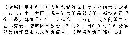 【增城区暴雨和雷雨大风预警解除】受强雷雨云团影响，过去3小时我区出现中...