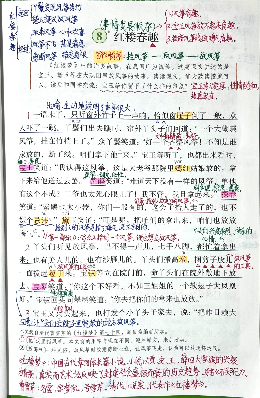 五下语文第8课《红楼春趣》课堂笔记及习题