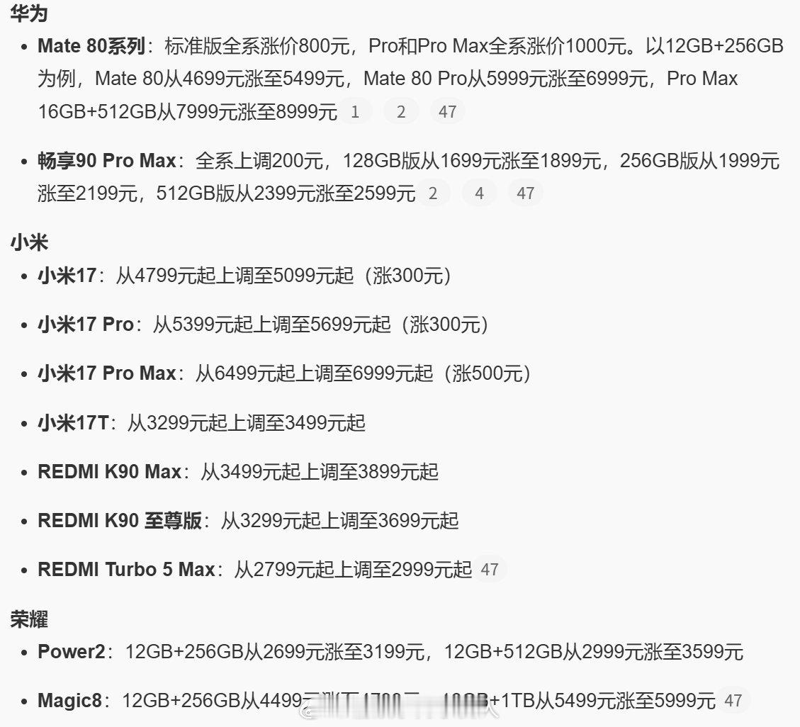 无敌，华为Mate80系列，畅享90 Pro Max、小米17系列（ultra除外）、红米K90系列（pm除外）、红米turbo5 Max、荣耀Power2、荣耀Magic8

开启新一轮涨价，从最低200，最高涨价1000[允悲] ​​​​#多款手机统一调价##多款手机正式涨价# ​ ​​​