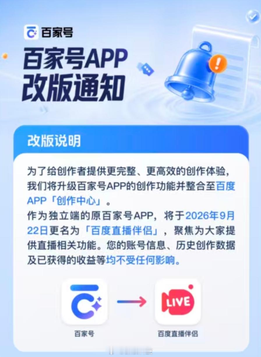 【#百家号改版#：更名“百度直播伴侣”，9月22日实施】近日，百家号App发布改版通知称，原百家号App将于9月22日更名为“百度直播伴侣”，主要提供直播相关功能。

公告称，改版后，原百家号App中的创作功能被整合至百度App“创作中心”。用户账号数据（内容、粉丝、收益等）不受影响，可在百家号PC端、 ​