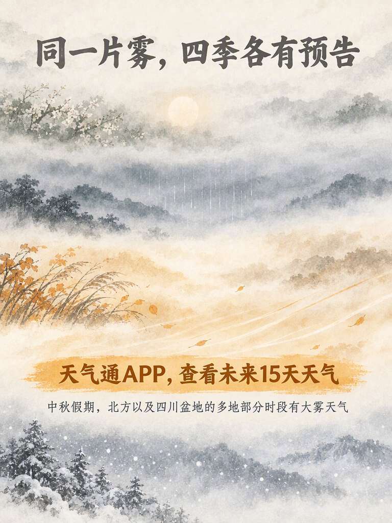 【起雾不一定下雨，四季的雾各有信号】
很多人一见起雾，就默认要下雨，其实老话早有区分：春雾日头，夏雾雨，秋雾凉风，冬雾雪。眼下正是秋天，雾后常常跟着凉风。中秋假期，北方以及四川盆地的多地部分时段有大雾天气。雾散之后冷暖怎么变、假期后半程该怎么安排，提前看看未来天气更从容。#假期每一程都有天气通# #今年中秋哪里最适合赏月# #假期天气变化比计划更快#