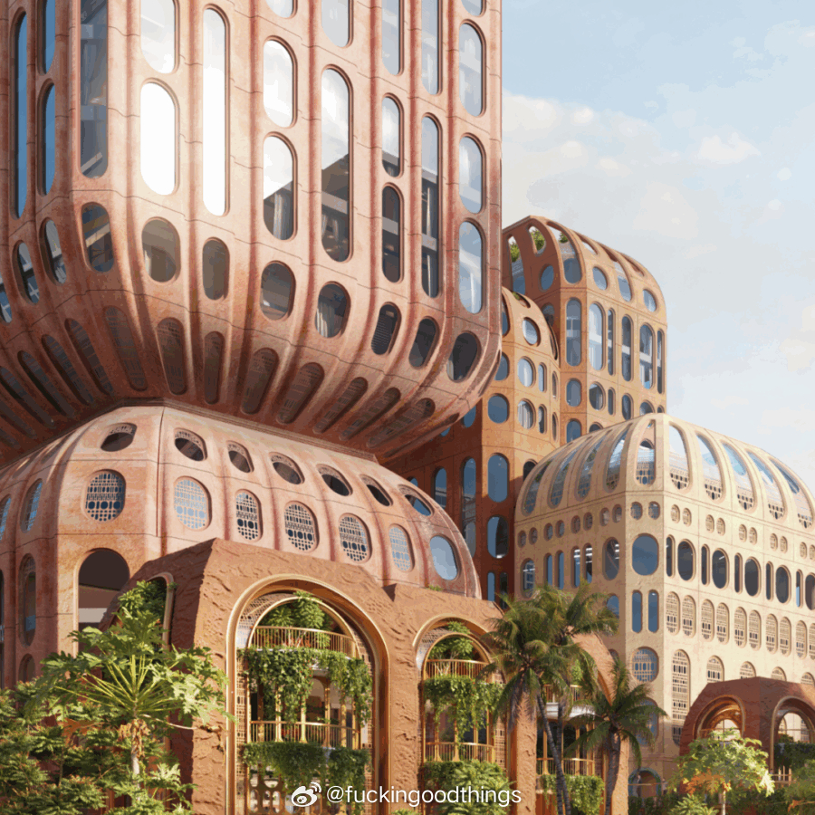 曼谷 Hatai“灯笼”🟢Thomas Heatherwick泰国首作🟢 在曼谷是隆区的繁华心脏，曾经的Narai Hotel即将蜕变为一座名为“Hatai”的城市新地标。英国Heatherwick Studio首度执笔泰国项目，从传统天灯中汲取灵感，用层层叠落的“灯笼”体块勾勒出柔和而富有诗意的天际线。这里不止于酒店——两座塔楼将容纳六善酒店与新Narai Hotel共300余间客房，而超过一半的基地面积（5200平方米）被释放为开放的“公共村落”：蜿蜒的步道、绿荫广场、清澈的运河、神圣的佛龛、热闹的市集，甚至还有幼儿园。2027年落成后，它将成为是隆区一座有温度、有故事的文化栖居地。🟢| 图片来自网络 |fuckingoodesign设计分享建筑设计﻿