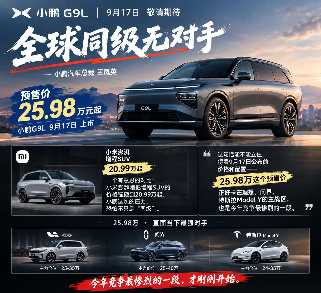 小鹏G9L定档9月17日上市，预售价25.98万元起。 小鹏汽车总裁王凤英给了一句很满的话：G9L全球同级无对手。一个有意思的对比：小米澎程刚把增程SUV的价格锚砸到20.99万起，小鹏这次的压力，恐怕不只是&34;同级&34;。 这句话能不能立住，得看9月17日公布的价格和配置——25.98万这个预售价，正好