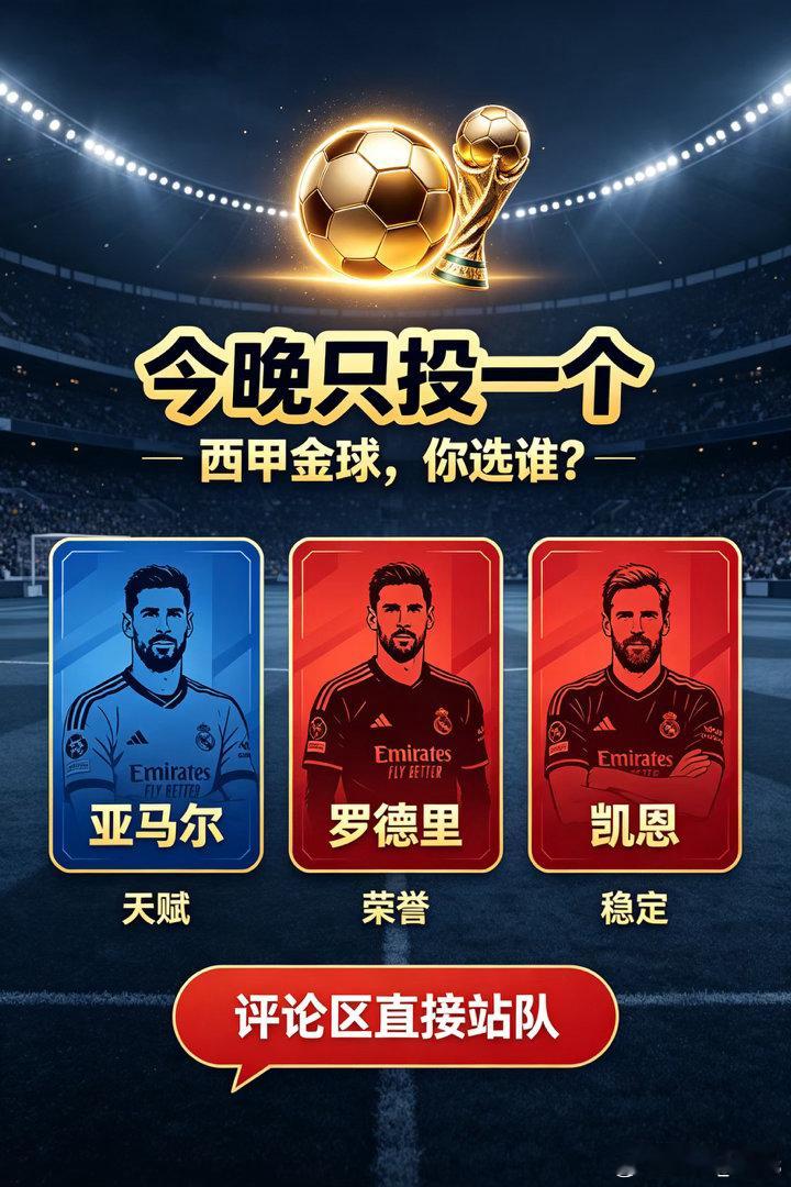 #西甲[超话]#  
今年金球真的是足坛大型辩论赛😂

支持亚马尔的看重炸裂天赋，十几岁就在巴萨和国家队打出亮眼表现；力挺罗德里的认准硬荣誉，硬仗全靠他兜底；凯恩的球迷则替他可惜，全年状态稳定，却常常被忽略。

每个人评判标准不一样，没有绝对正确答案。那换你投票，亚马尔、罗德里、凯恩，你 ​