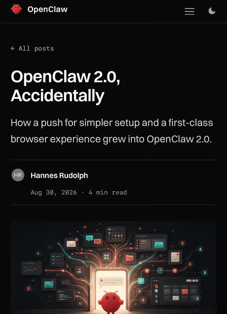 OpenClaw 2.0发布：7周憋出史上最大更新

OpenClaw 上一个大版本在 7 月中旬发布，此后接近 7 周没有再发正式大版本。此前它平均两天左右就更新一次，这次明显慢了下来。

今天，OpenClaw 发布团队称为「OpenClaw 2.0」的新版本，也是项目迄今规模最大的一次更新。933 名开发者参与，合入超过 1.6 万个 ​