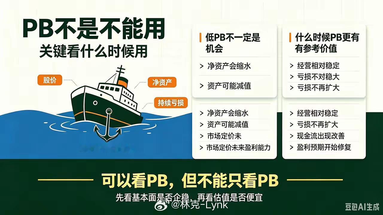 万科大跌近90%的启示：PB不是不能用，关键看什么时候用万科A从2018年高点36.37元跌到最低3.96元，最大跌幅接近90%。很多人疑惑，它PB最低跌到0.39倍，相当于花四毛钱买一块钱账面净资产，为什么抄底的人依然亏得很惨？不少投资者信奉破净抄底，觉得PB低就是安全垫。但万科的案例告诉我们：PB本身不是洪水猛兽，不是说看PB投资就一定错，真正的问题是，你在什么场景下使用它。净资产只是财报上的静态快照，它不是一成不变的安全底座。企业持续亏损，就会不断侵蚀净资产。万科2026年一季报每股净资产9.26元，到中报就降到8.56元。2025年巨亏885亿，2026上半年再亏近150亿，亏损持续发生，净资产这个“锚”本身就在往下沉。而且房企的资产是土地、在建楼盘，行情差的时候，账面的资产未必能按报表价格变现。就算PB只有0.39倍，如果实际资产要大打折扣才能卖掉，看似便宜，其实是假象。股市炒的是未来，不是过去堆出来的账面资产。如果一家公司还在持续亏钱，经营看不到好转，市场就会不断给净资...